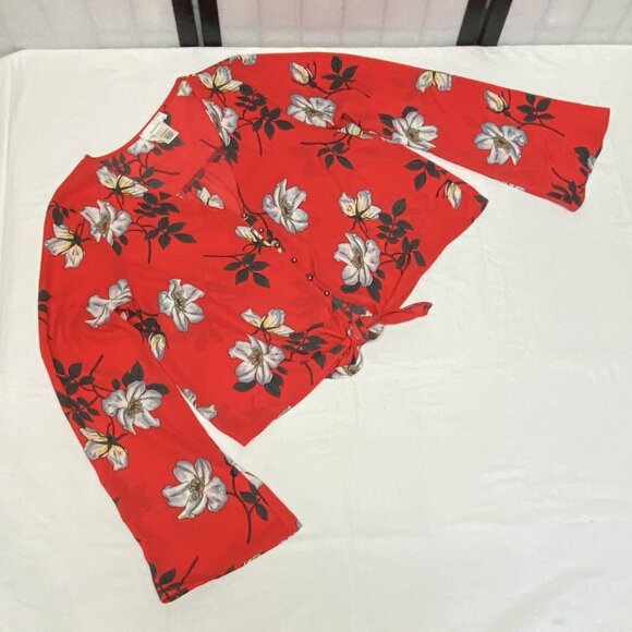 Urban Romantics V Neck Sheer Front Button Crop Tie Waist Bell Sleeve Top Red M - Picture 8 of 11